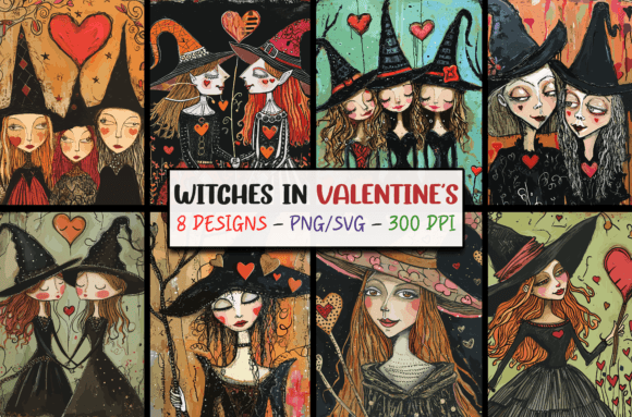 Enchant Your Designs with Valentines Witches Backgrounds SVG PNG