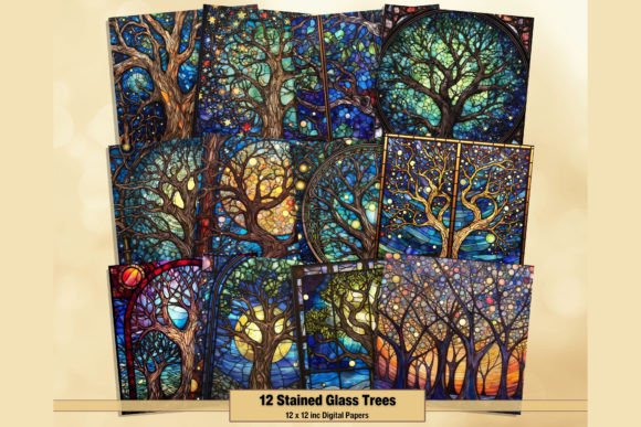 Stained Glass Trees Digital Backgrounds